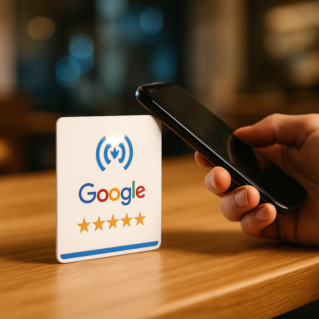 Tarjeta NFC Google en un mostrador, foto de estilo