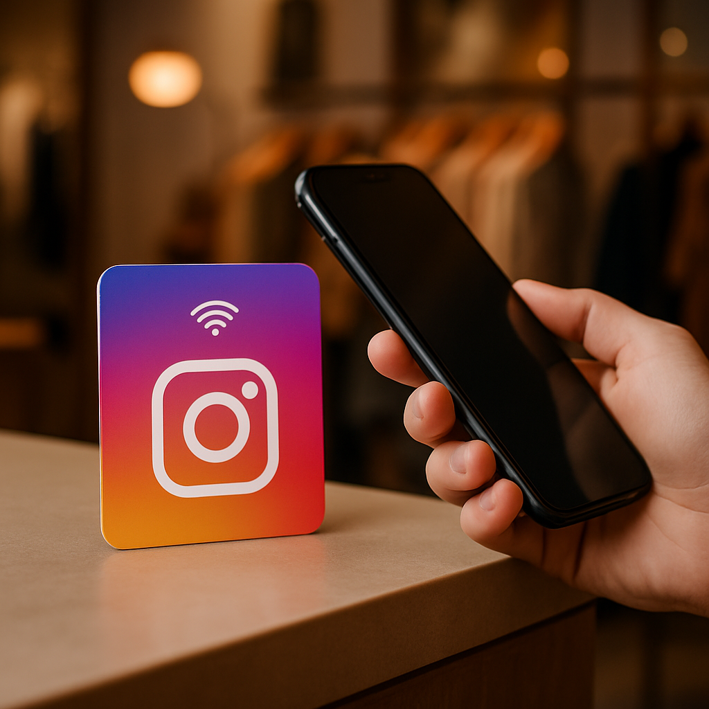 Tarjeta NFC Instagram en un mostrador, foto de estilo