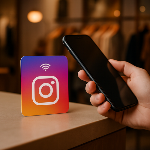 Tarjeta NFC Instagram en un mostrador, foto de estilo