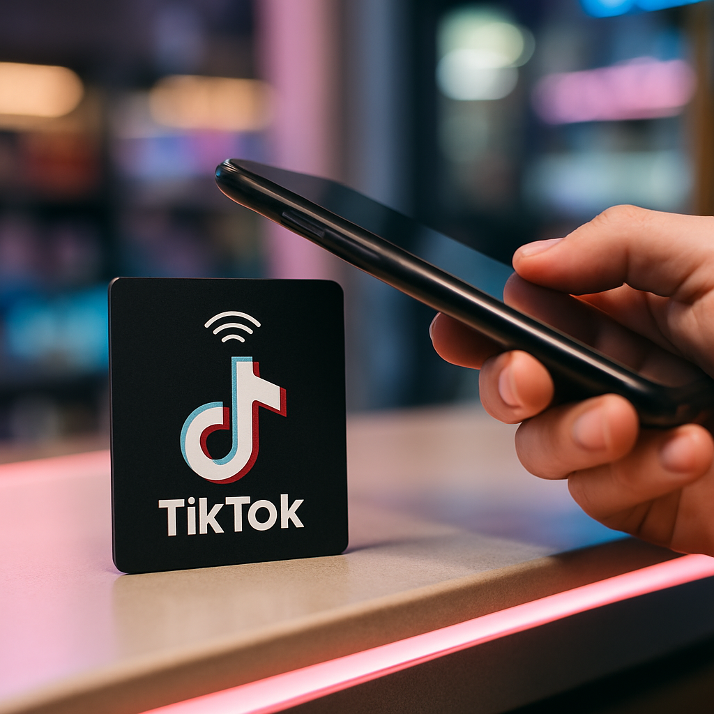 Tarjeta NFC TikTok en un mostrador, foto de estilo