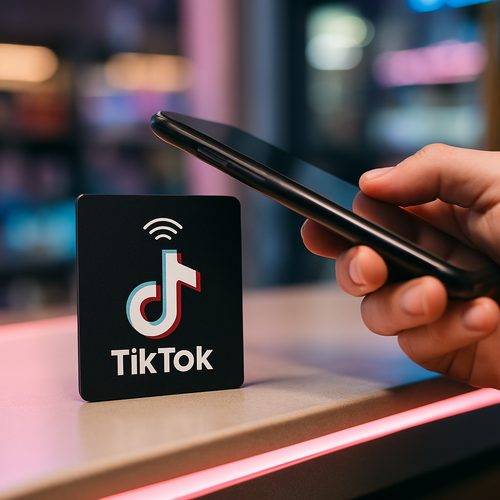 Tarjeta NFC TikTok en un mostrador, foto de estilo